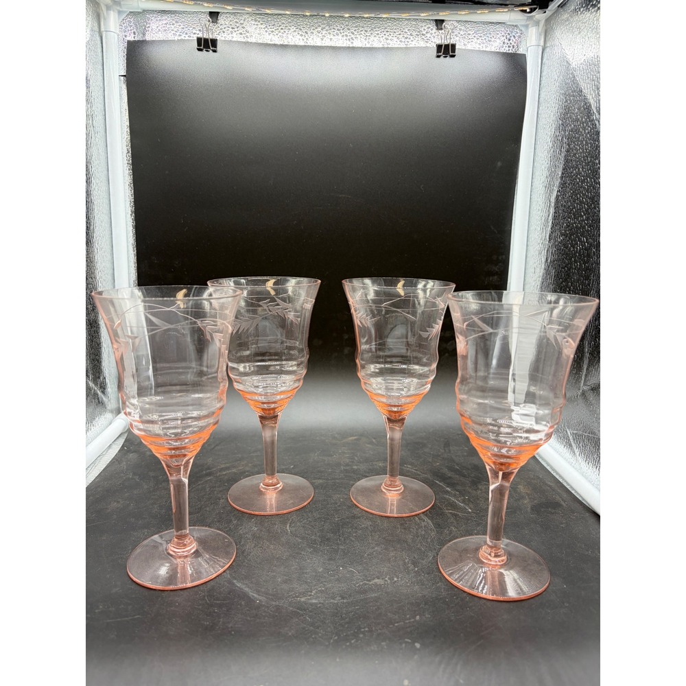 Vintage Pink Depression Glass Etched Wheat Water Goblets Set of 4 Optic‎ Ribbed